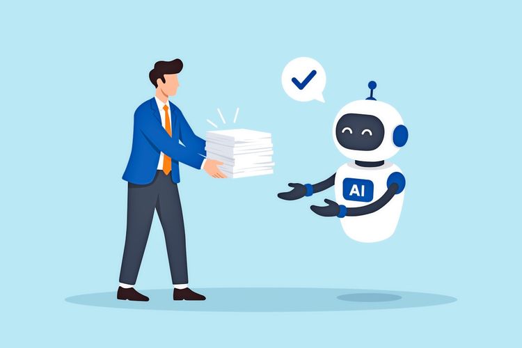 Ein Mann in einem blauen Anzug übergibt einen Stapel Papier an einen lächelnden Roboter mit der Aufschrift 