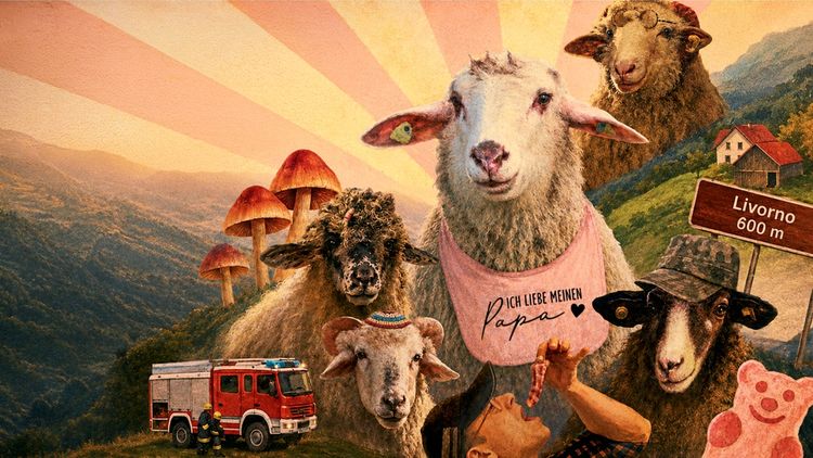 Eine Collage mit mehreren Schafen in einer surrealen Landschaft. Im Vordergrund steht ein Schaf mit einem rosa Shirt, auf dem „Ich liebe meinen Papa“ steht. Daneben sind weitere Schafe, eines trägt einen Hut. Im Hintergrund gibt es große Pilze, ein Feuerwehrfahrzeug mit Feuerwehrleuten, ein Hinweisschild nach „Livorno“ und eine Hügellandschaft mit Sonnenstrahlen.