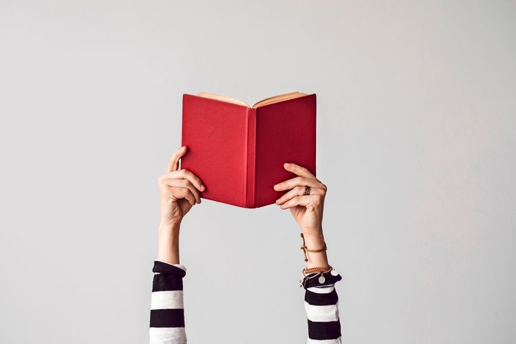 Zwei Hände halten ein aufgeschlagenes rotes Buch in die Luft. Die Person trägt ein gestreiftes Shirt und Armbänder. Der Hintergrund ist neutral grau.
