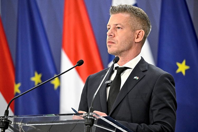Ein Mann in Anzug und Krawatte spricht während einer Pressekonferenz vor Mikrofonen. Im Hintergrund sind die Flaggen der EU und Ungarns sichtbar.