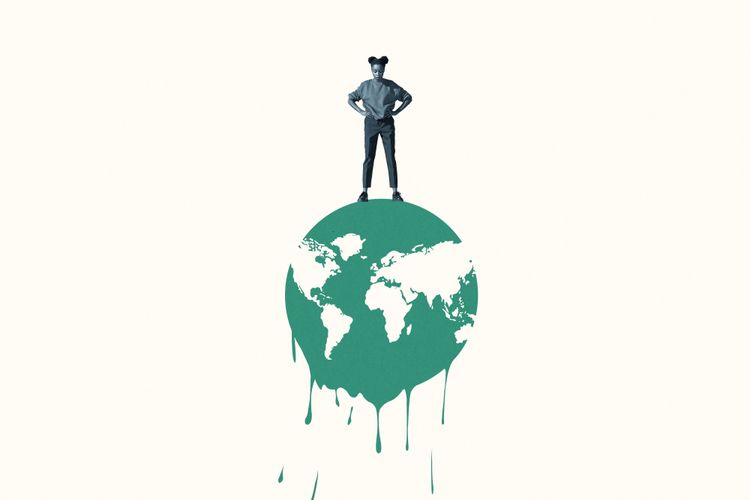 Auf dieser Illustration steht eine Frau mit den Händen auf den Hüften über einem schmelzenden Planet Erde.