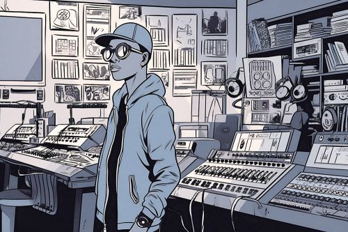 picture in the style of a graphic novel, showing a young rapper standing inside a music studio with lots of equipment --ar 3:2