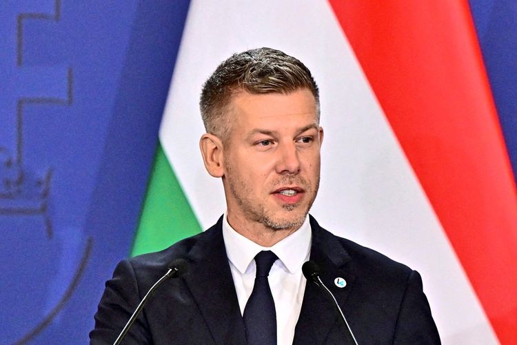 Ein Mann in formeller Kleidung spricht während einer Pressekonferenz. Im Hintergrund sind die Flaggen mehrerer Länder zu sehen.