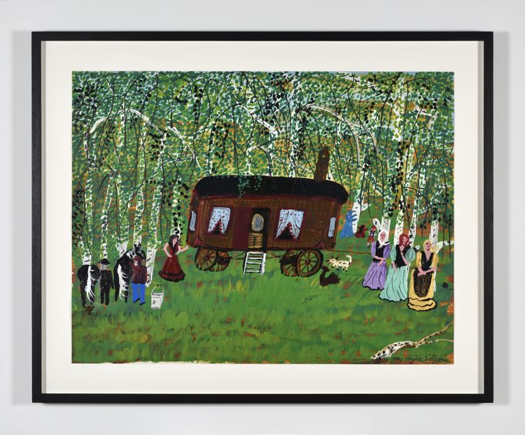 Darstellung einer Szene mit Personen, Wohnwagen und Tieren in einem Birkenwald.