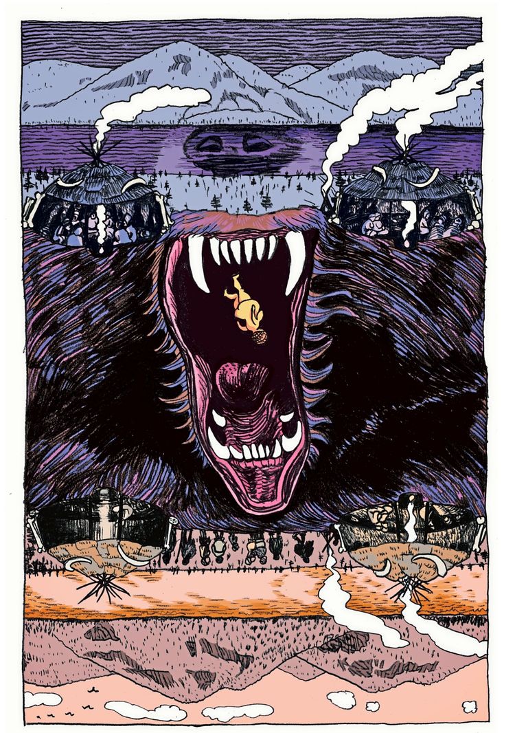 Illustration eines riesigen Bärenkopfes mit aufgerissenem Maul, in dem ein winziger Mensch zu sehen ist. Im Hintergrund rauchende Hütten, Landschaft mit Bergen und einer Linie, die den oberen und unteren Bereichen spiegelt.
