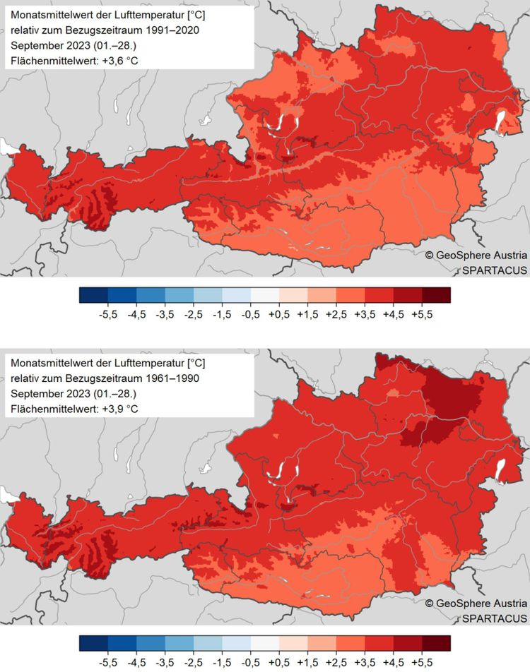 In Rottönen eingefärbte Grafik zu überdurchschnittlichen Lufttemperaturen in Österreich im September 2023