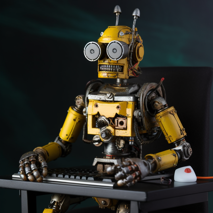 Ein gelber Roboter sitzt mit Tastatur am Schreibtisch