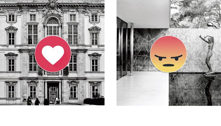 Links gut, rechts böse: Im Netz wird Architektur in Sekundenbruchteilen beurteilt, dabei werden gezielt neue Frontlinien etabliert. Links das Humboldt-Forum in Berlin (2022), rechts der Barcelona-Pavillon von Mies van der Rohe (1929).