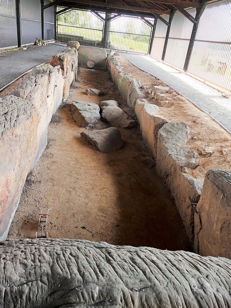 Das Bild zeigt das Galeriegrab von Züschen in Nordhessen, ein steinernes Ganggrab aus der Zeit der Wartberg-Kultur. Es ist von einem schützenden Dach umgeben. Innerhalb des Grabes sind große seitliche Steinplatten und ein sandiger Boden zu sehen.
