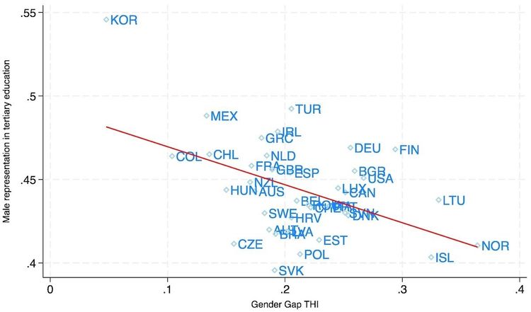 Verteilung von 61 Ländern in einer Grafik, die den Zusammenhang von Unterschieden bei der Bewertung schulischer Anstrengung und dem Prozentsatz männlicher Studierender zeigt.