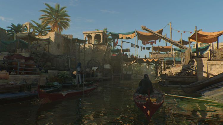 Gameplay Assassin's Creed: Mirage. Das Bild zeigt ein Boot in einem Kanal. 