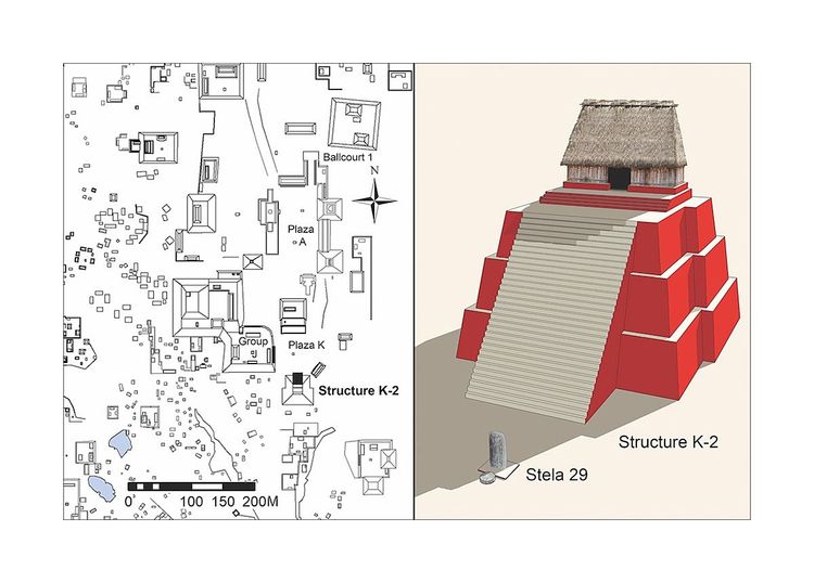 Plan der Stadt K'anwitznal und Rekonstruktion der Maya-Pyramide