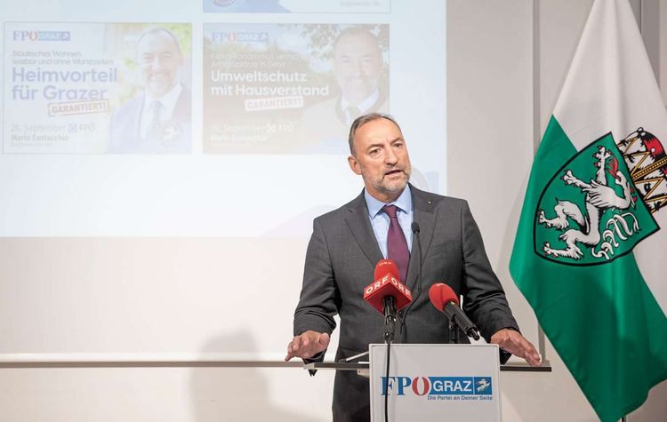 Mario Eustacchio vor der Grazer Wahl 2021, als er noch bei der FPÖ. Kurz danach folgten Wahlschlappe und der Finanzskandal.