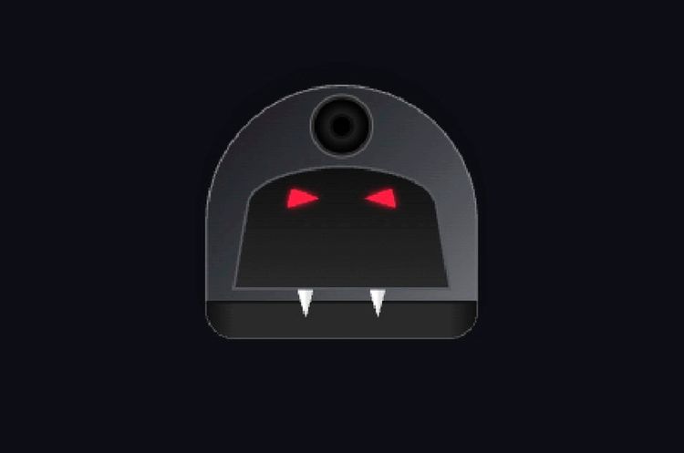Ein minimalistisches Symbol eines dunklen, runden Wesens mit roten, dreieckigen Augen und zwei kleinen, weißen Vampirzähnen. Der Hintergrund ist schwarz.