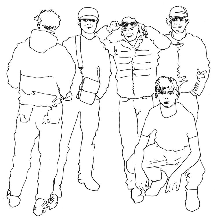Grafische Darstellung von vier jungen Männern, wieder die typische Bauchtasche, Kappen, Sneakers.