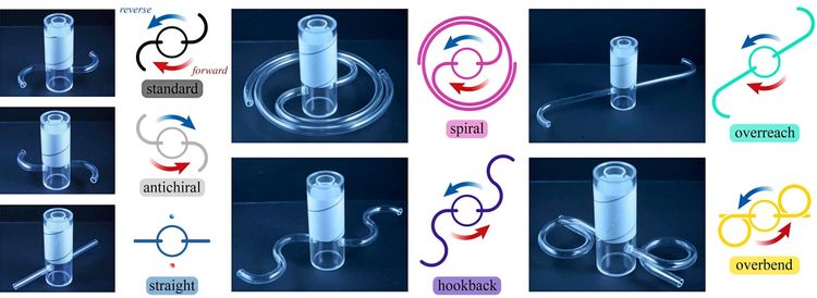 Mehrere Bilder zeigen verschiedene Sprinklerdesigns und die zugehörigen Drehrichtungen in Vorwärts- (roter Pfeil) und Rückwärtsmodus (blauer Pfeil). Die Designs umfassen Standard, antichiral, gerade, Spirale, Überreichweite, Hakenrückkehr und Überbiegung, jeweils mit schematischen Pfeildiagrammen und Kunststoffröhrchenmodellen. Bildquelle: NYU's Applied Mathematics Laboratory.