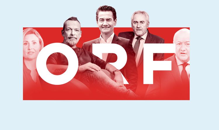 Collage mit ORF-Logo: Medienminsterin Susanne Raab (ÖVP), Ö3-Wecker Robert Kratky, ORF-General Roland Weißmann, ORF-Manager Pius Strobl und ÖVP-Generalsekretär Christian Stocker. 