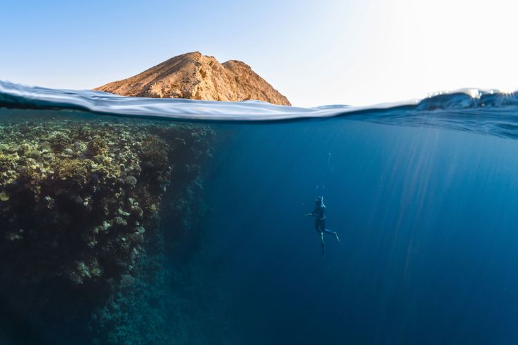 Taucher im Wasser vor einem Riff, dahinter ein Felsen
