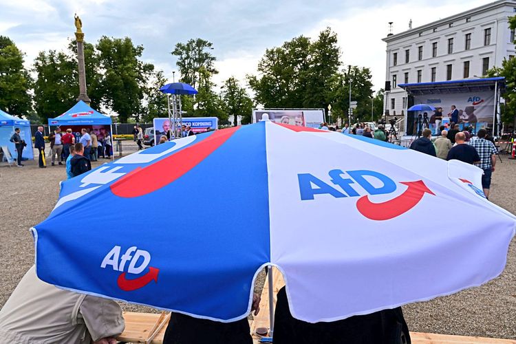 Ein Wahlstand der AfD in Schwerin im September 2021. Man sieht einen Schirm mit dem AfD-Logo.