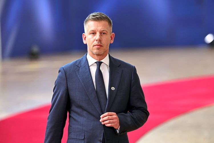 Ein Mann in einem dunkelblauen Anzug mit weißem Hemd und Krawatte geht über einen roten Teppich. Der Hintergrund ist unscharf und zeigt blaue und beige Töne.