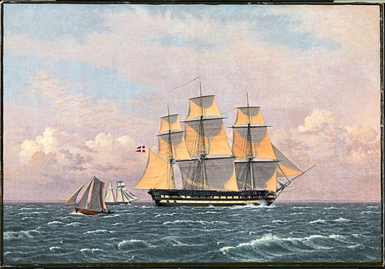 Ein Gemälde eines historischen Kriegsschiffs.