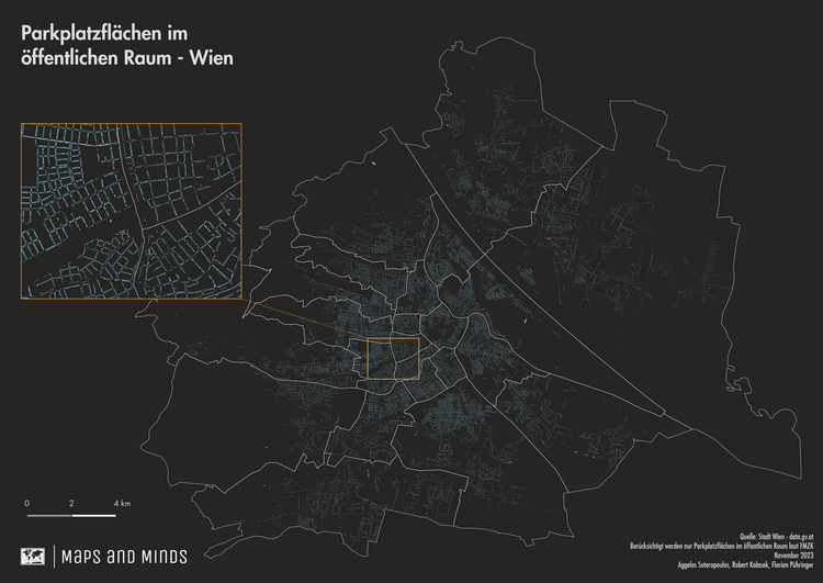 Karte mit Überblick über die Parkplatzflächen im öffentlichen Raum in Wien
