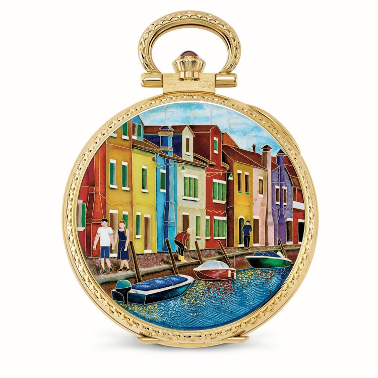 Goldene Taschenuhr mit buntem Motiv aus Emaille.