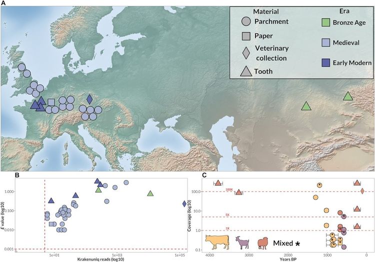 Karte von Europa und dem westlichen Teil Asiens mit Symbolen, die DNA-Quellen markieren.