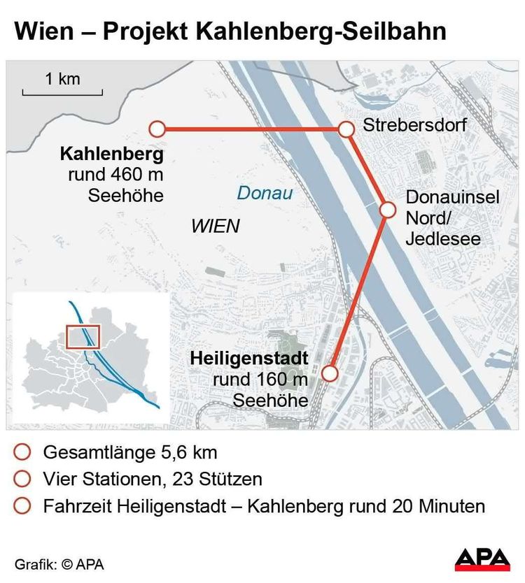 Der Streckenverlauf der geplanten Stadtseilbahn auf den Kahlenberg.