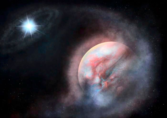 Künstlerische Darstellung eines zweiten Planeten, der den Weißen Zwerg HS 0209+0832 umkreist, der erste bekannte Planet dieser Art. Im Vordergrund ist der Planet mit einer diffusen, nebligen Atmosphäre zu sehen, im Hintergrund ein heller Stern mit Staubscheibe.