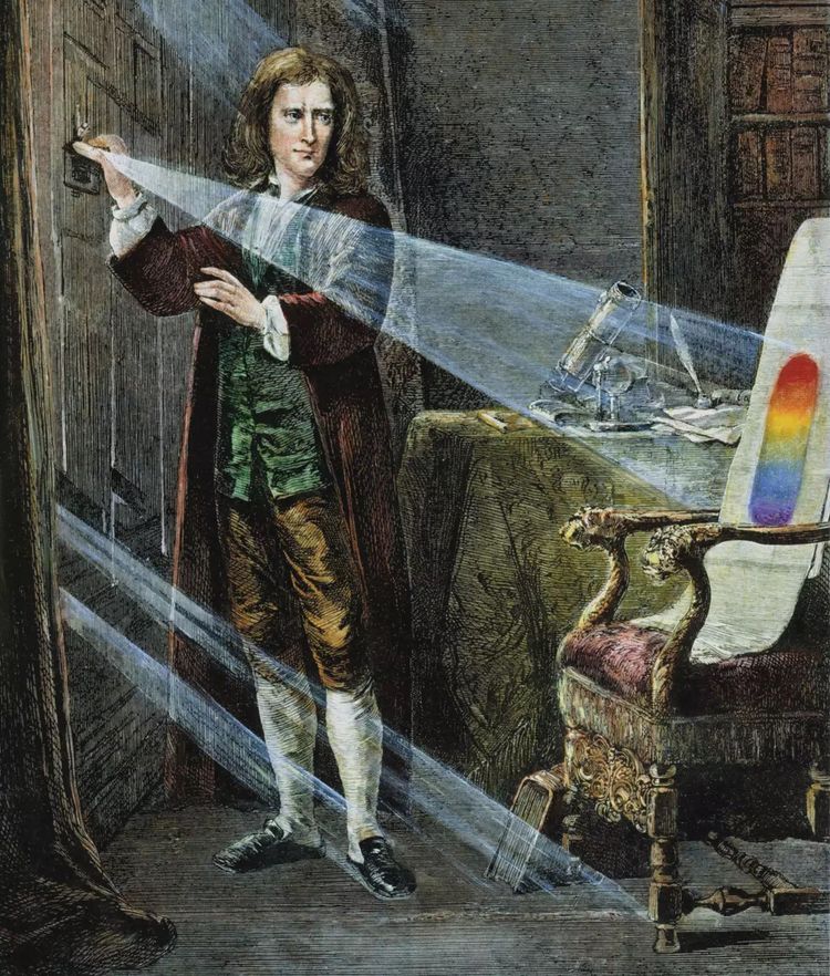 Eine farbiger Holzschnitt von Newton in einem abgedunkelten Raum, in den ein Lichtstrahl fällt.