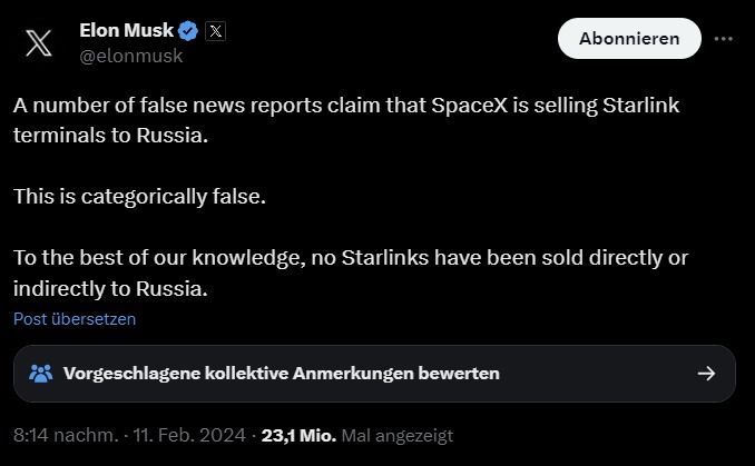 Statement von Elon Musk zum mutmaßlichen Einsatz von Starlink durch russische Truppen in der Ukraine