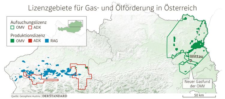 Lizenzgebiete für Gas- und Ölförderung in Österreich