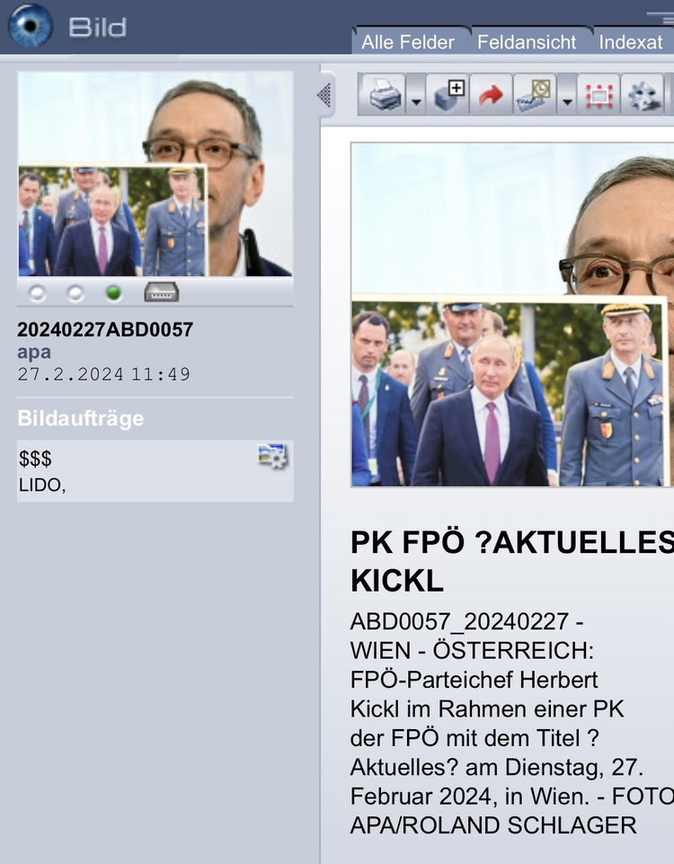 Screenshot vom APA-Bilderdienst mit dem Foto vom 27. Februar 2024 anlässlich einer Pressekonferenz mit FPÖ-Parteichef Herbert Kickl.