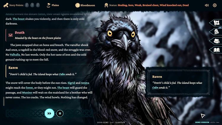 Screenshot eines Spiels mit einem erzählerischen Interface. Links befindet sich Text, der eine Szene beschreibt, in der ein Charakter von einem 