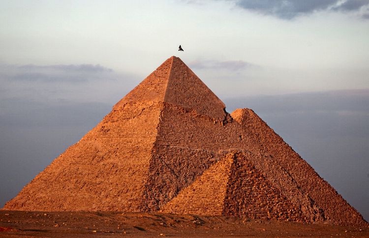 Ansicht der Großen Pyramiden von Gizeh in Ägypten bei Sonnenuntergang, mit einem Vogel, der über der Spitze der vorderen Pyramide fliegt.