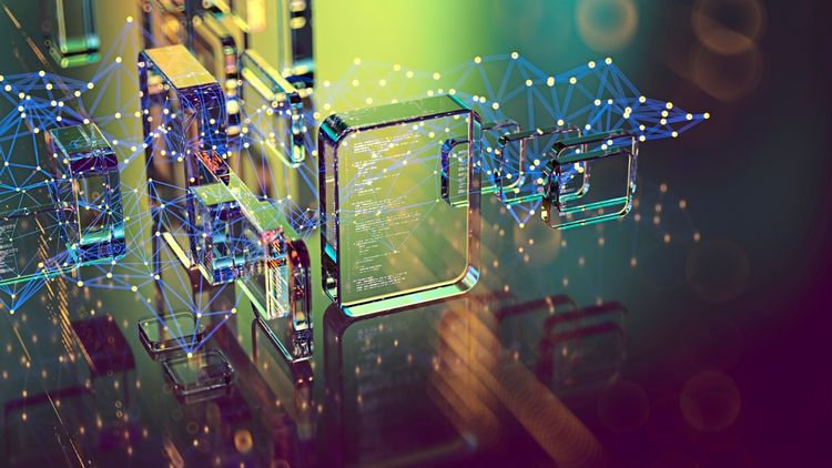 Abstrakte Darstellung digitaler Technologien mit schwebenden, durchsichtigen geometrischen Formen, verbunden durch ein Netzwerk aus leuchtenden Punkten und Linien, symbolisierend künstliche Intelligenz, neuronale Schnittstellen und maschinelles Lernen.