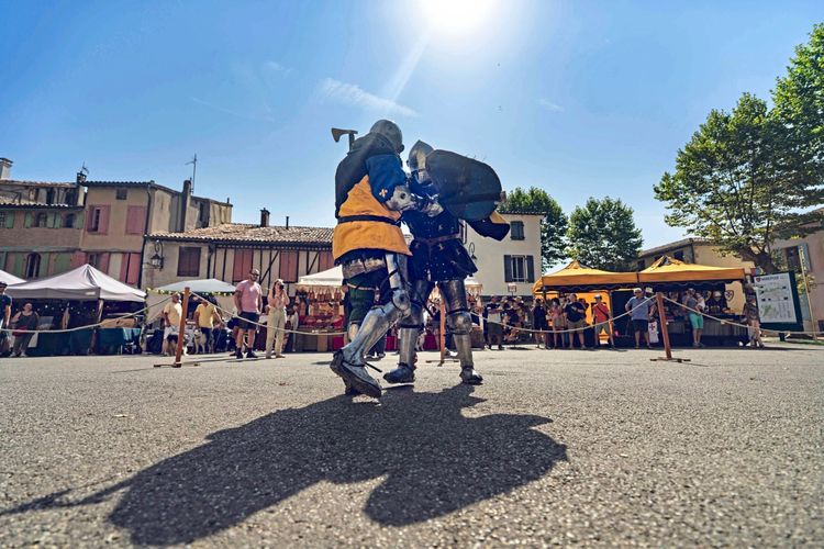 Zwei Kämpfer in mittelalterlichen Rüstungen treten in einem historischen Festival in Mirepoix, Südwestfrankreich, bei einem Vollkontaktturnier gegeneinander an. Im Hintergrund sind Zuschauer, Marktstände und historische Gebäude zu sehen.