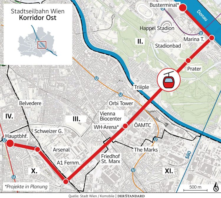 Die zweite untersuchte mögliche Trasse verläuft zunächst vom Hauptbahnhof in Richtung Arsenal. Weiter geht es entlang der Südosttangente bis zur Donau und dann zum geplanten Fernbusterminal beim Happel-Stadion.