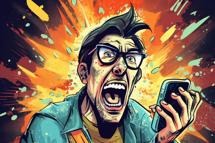 illustration of an angry gamer screaming at his phone, bright colours