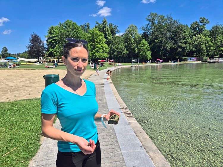 Eine Frau steht an einem klaren Seeufer auf einem gepflasterten Weg. Im Hintergrund sind Badegäste, Sonnenschirme und grüne Bäume zu sehen. Die Frau hält etwas in den Händen, möglicherweise Pflanzen oder Gegenstände aus dem Wasser. Der Himmel ist blau mit einigen Wolken.