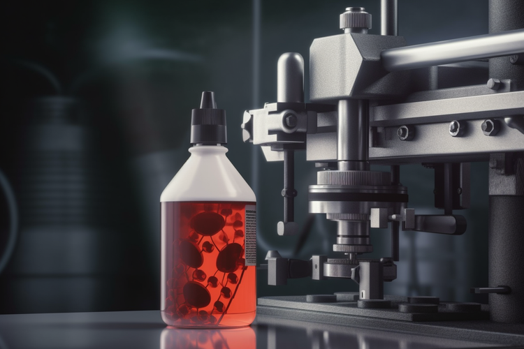 KI-generiertes Bild von einer Flasche mit roter Flüssigkeit vor eine Maschine