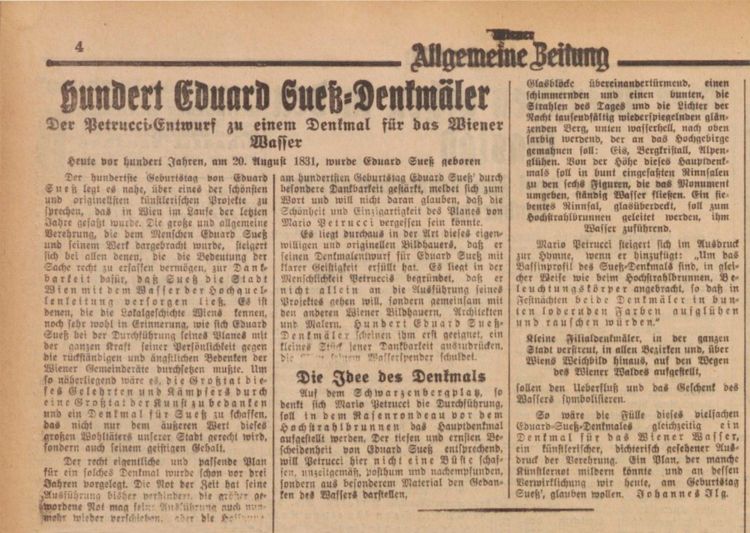 Zeitungsartikel 1931 über ein Suess-Denkmal