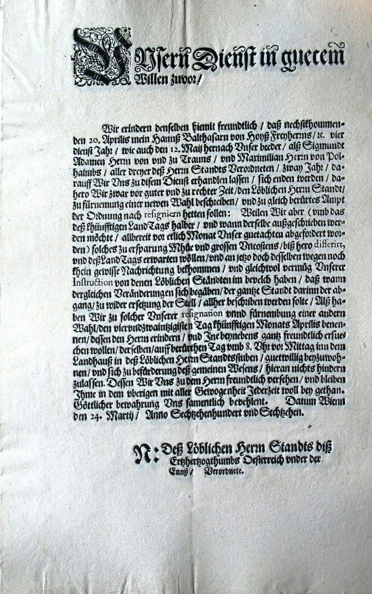 Gedruckte Beschreibung des niederösterreichischen Herrenstandes zur einer Verordnetenwahl am 24. April 1616.