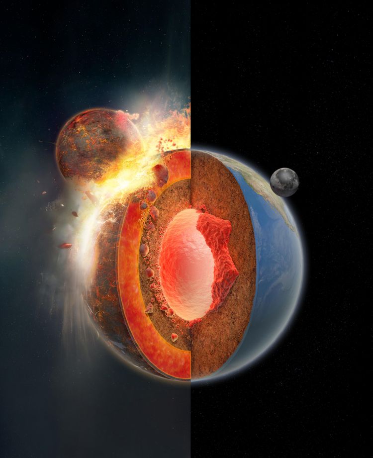 Simulationsbild Einschlag Protoplanet Theia auf Erde (in der linken Hälfte) und wie die Erde und ihr Mond heute aussehen (rechte Hälfte).