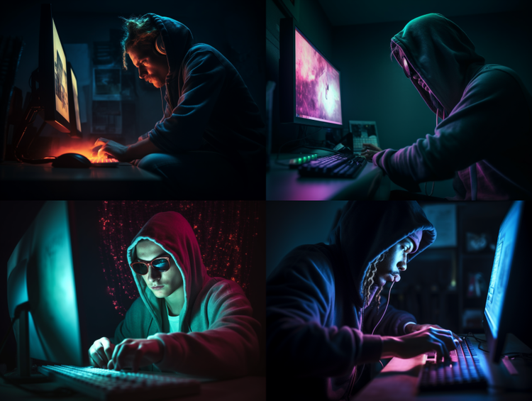 a hacker sitting at a computer, photo, pastel color, dramatic lighting, shot from below --ar 4:3