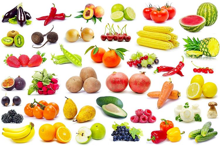 Gesunde Nahrungsmittel, Obst und Gemüse aus der Vogelperspektive fotografiert