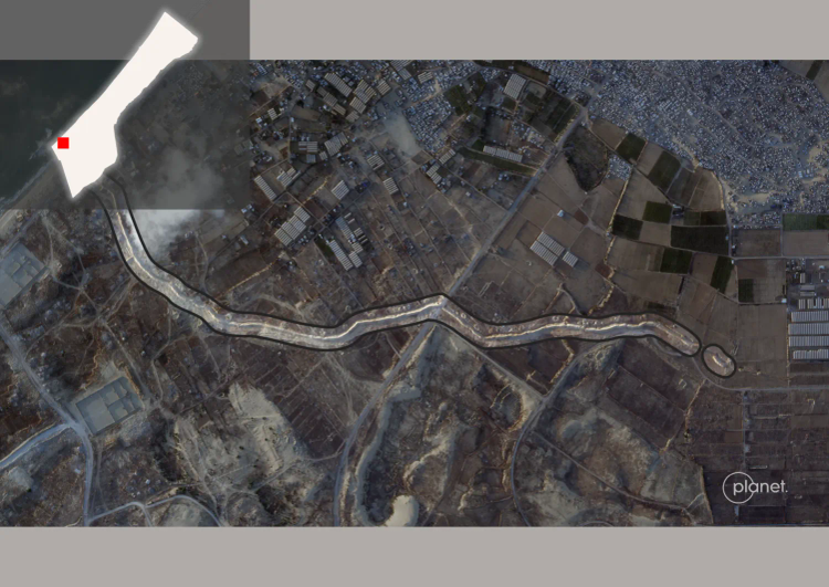 Satellitenbild des Erdwalls im Süden des Gazastreifens.