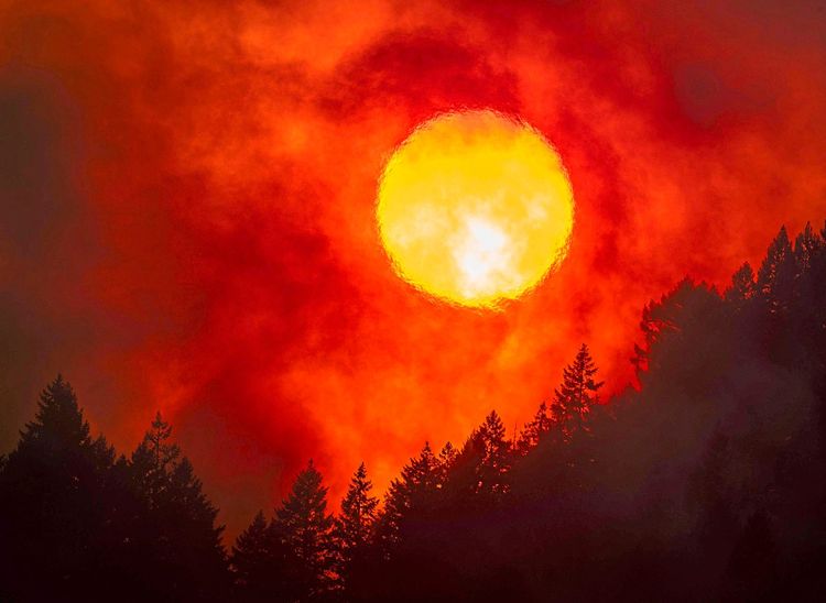 Sonne über brennendem Wald in den USA