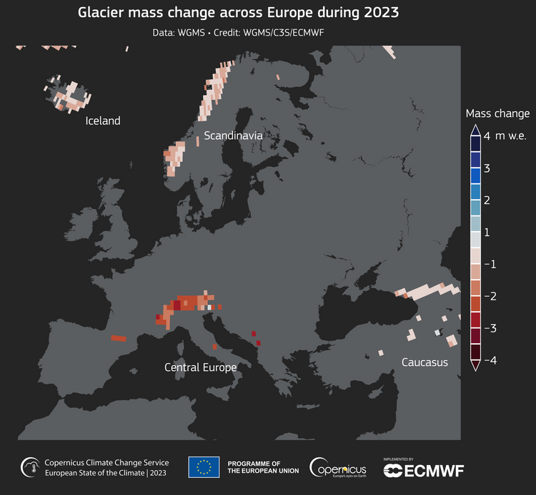 Grafik Gletscher-Masseveränderungen auf Europakarte